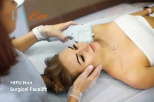 Woman having Hi-Fu to reduce wrinkles Leicestershire.