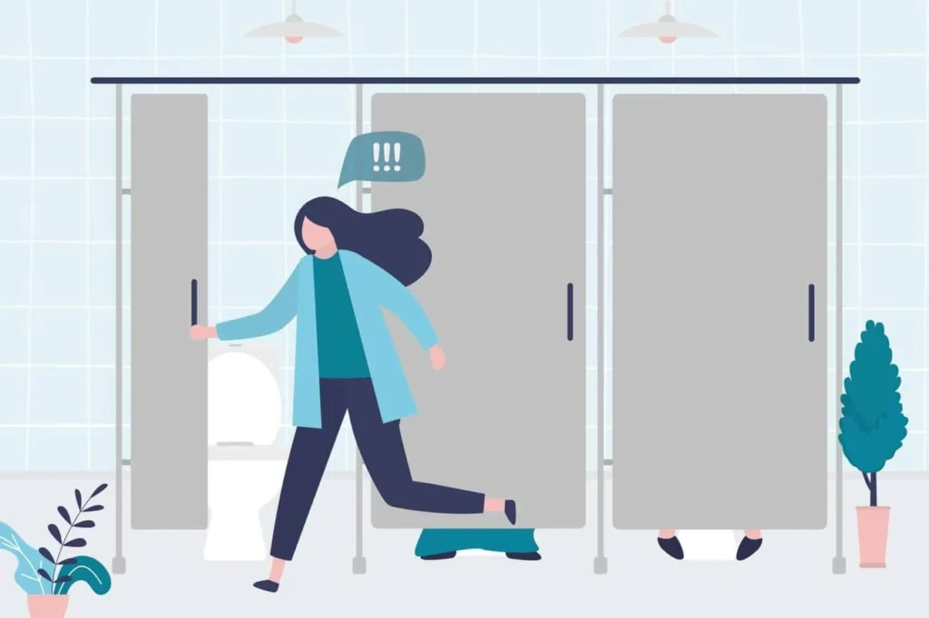 graphic of Urine incontinence Leicestershire woman running to the toilet.