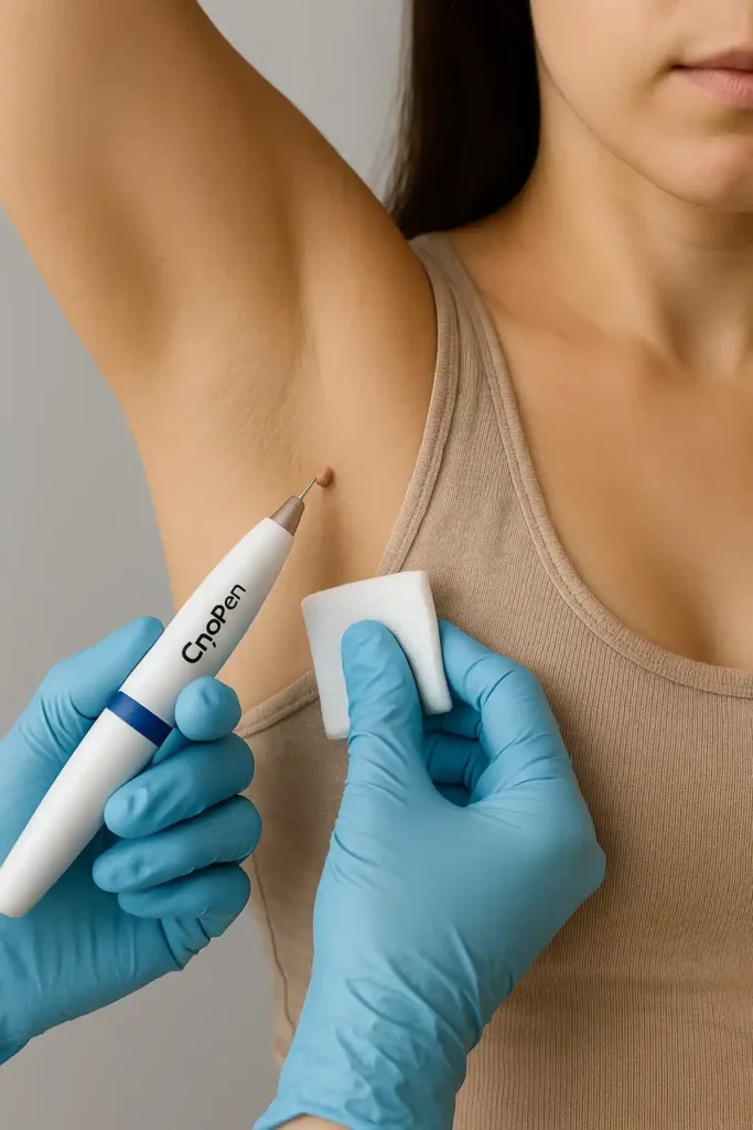 woman having cryopen to remove underarm skin tags Leicestershire