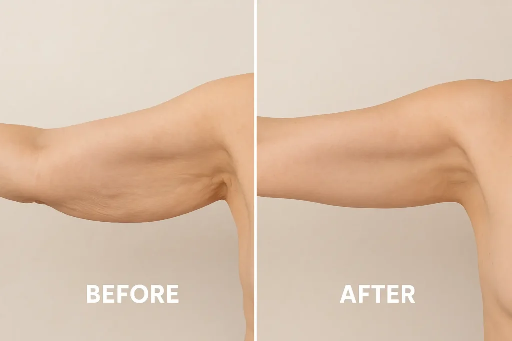 Picture of LA LIPO Leicestershire before and after results of skin tightening treatment on the upper arms.