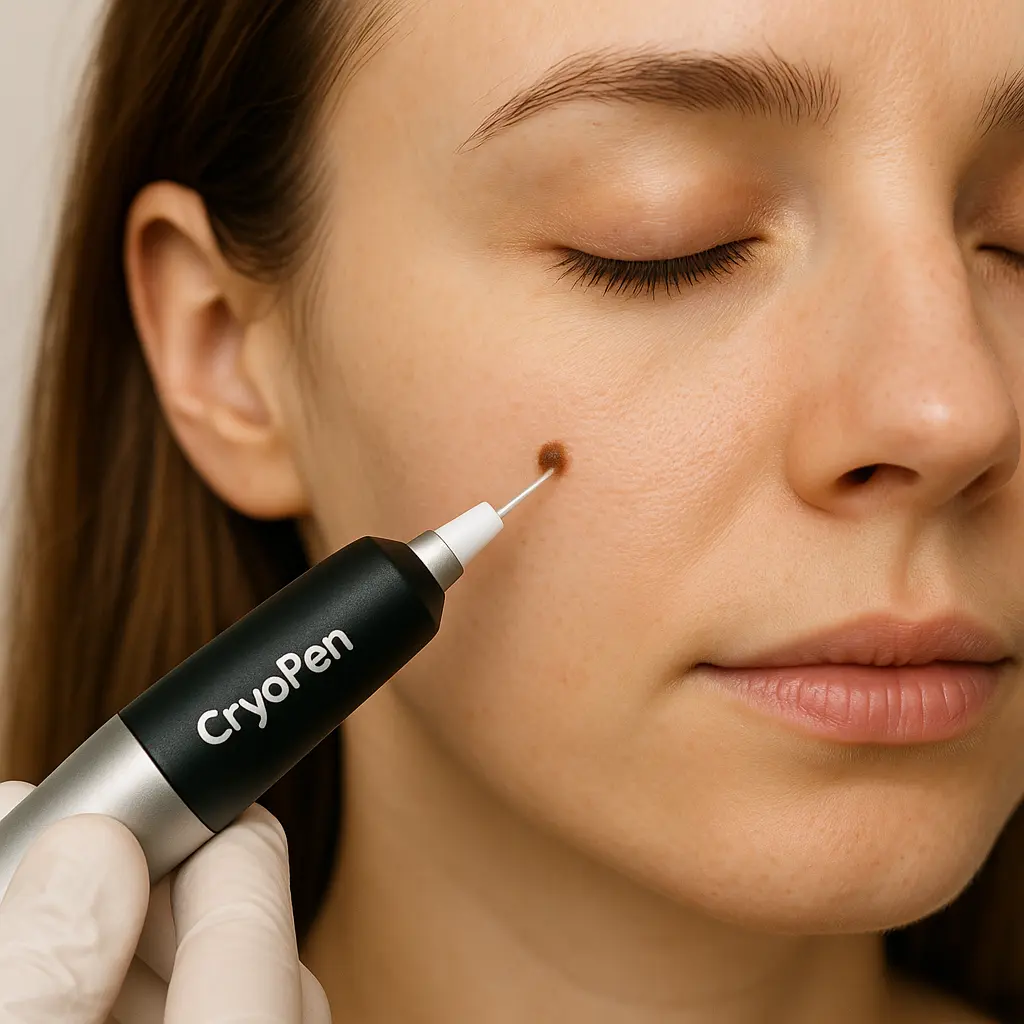 woman receiving facial mole removal Leicestershire using cryopen