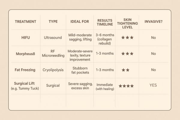 Table showing the comparisons of Skin tightening Leicestershire treatment options.